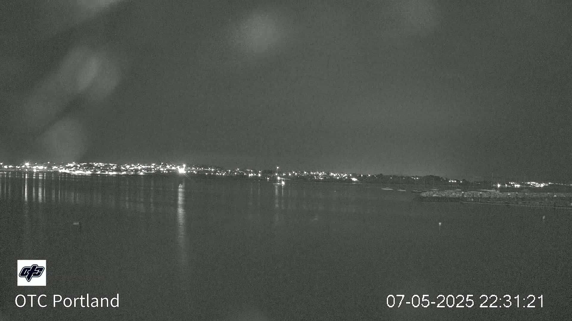 A nighttime view of a city skyline across a calm body of water under a dark sky.