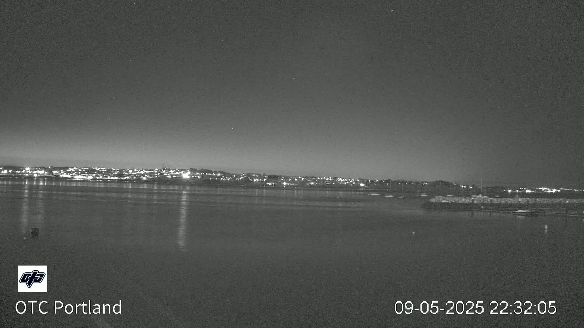 A nighttime view of a calm body of water reflecting the lights of a city across the water under a clear, dark sky.