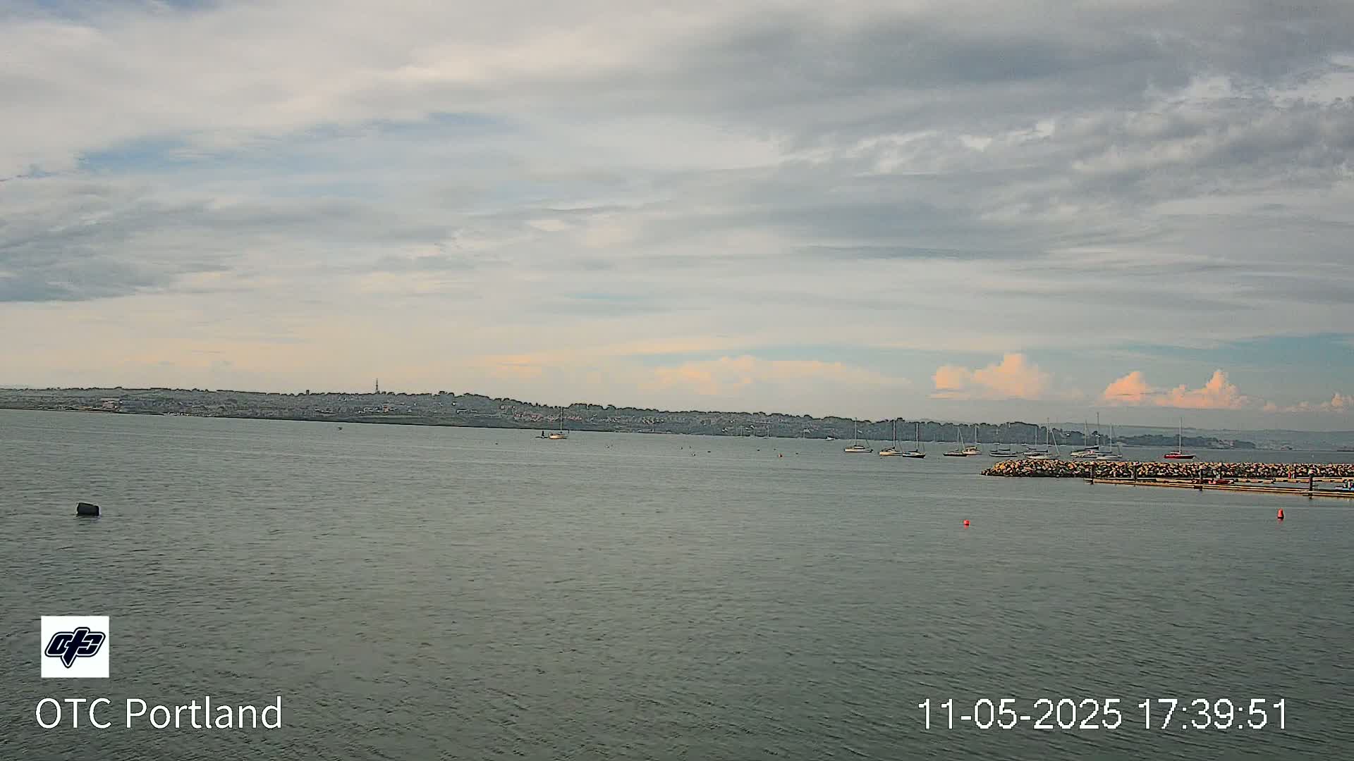 A calm body of water with several sailboats and a distant shoreline under a partly cloudy sky.