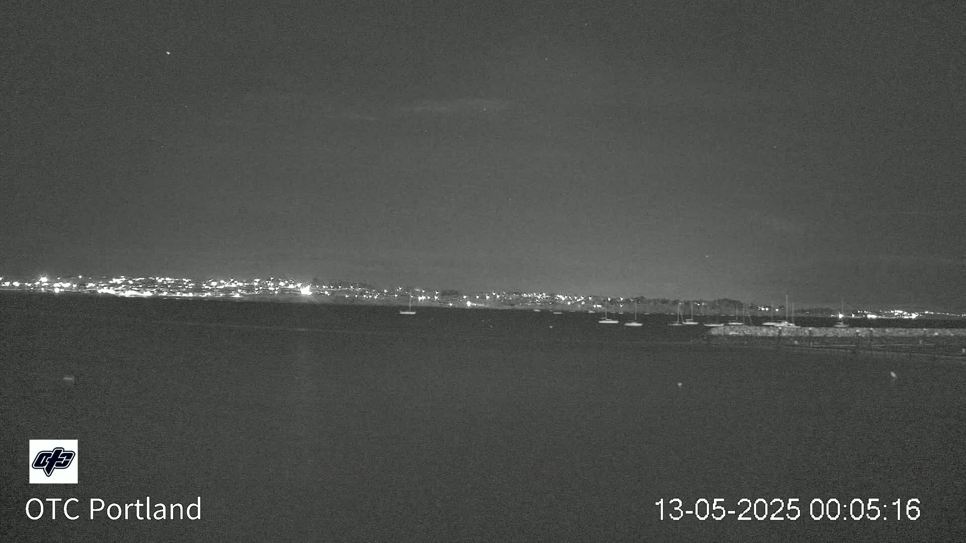 A nighttime, low-light view of a city skyline across a body of water with several boats moored near a shoreline.