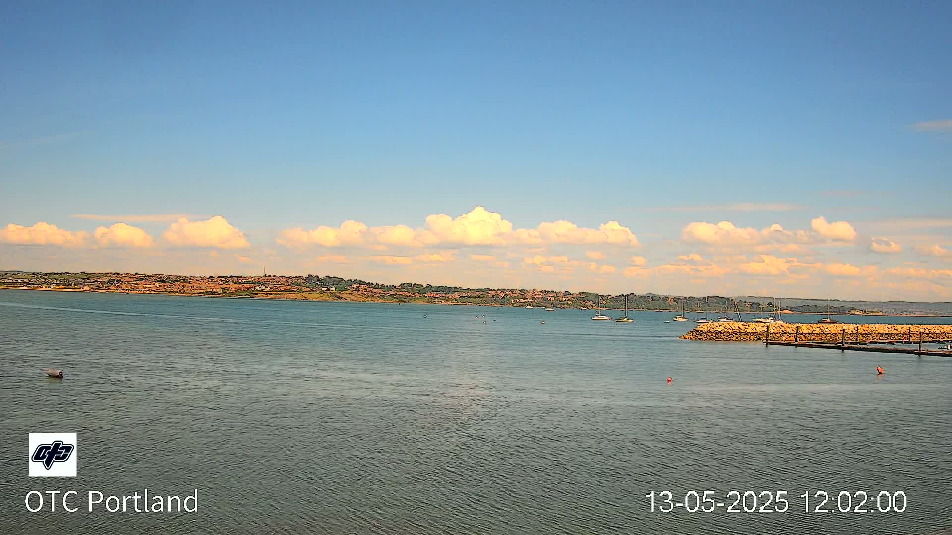 A calm body of water with several sailboats and a distant shoreline under a partly cloudy sky.