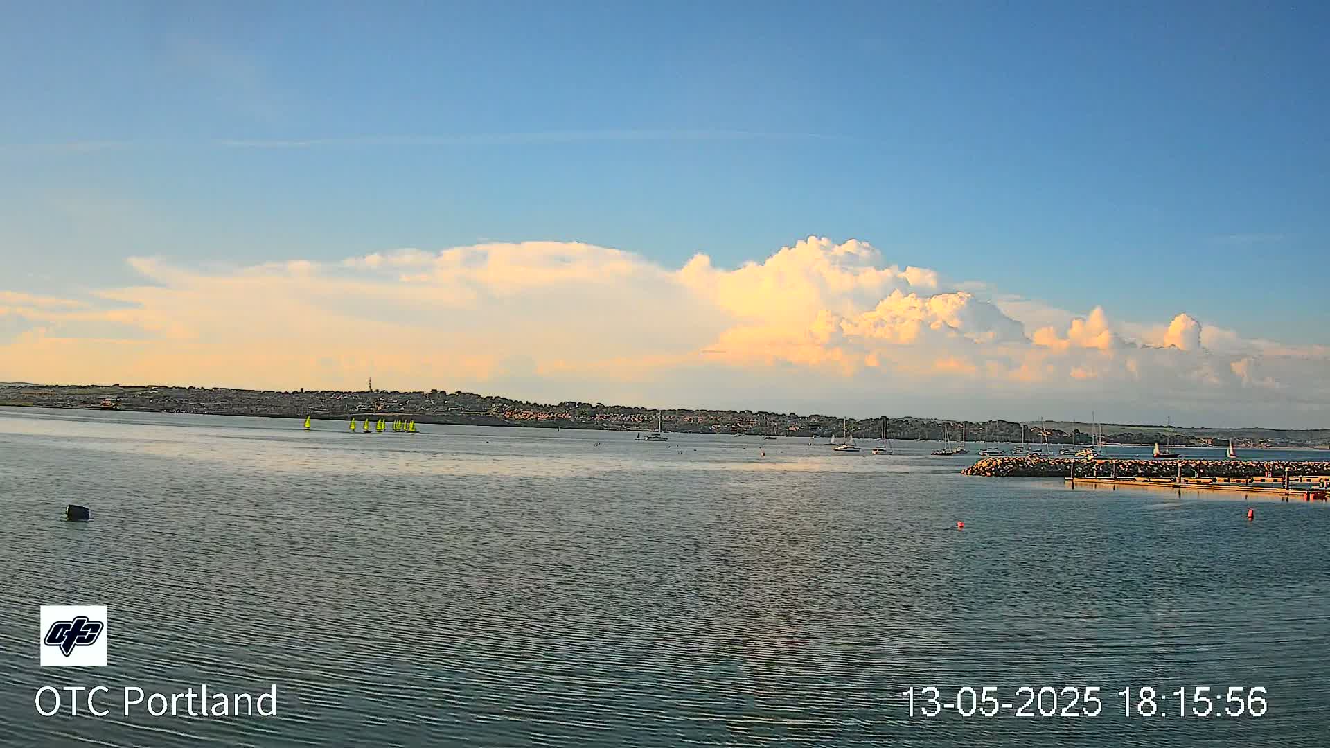 A calm body of water with several sailboats and a distant shoreline under a partly cloudy sky.