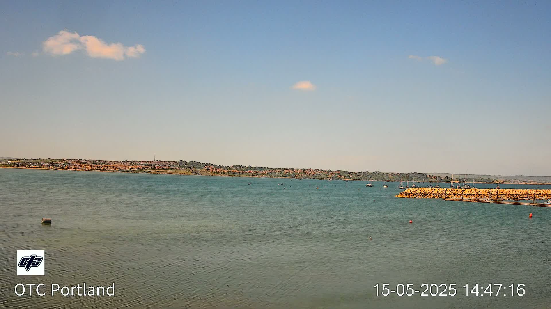 A calm body of water shows a distant shoreline with buildings under a mostly clear sky with a few small clouds.