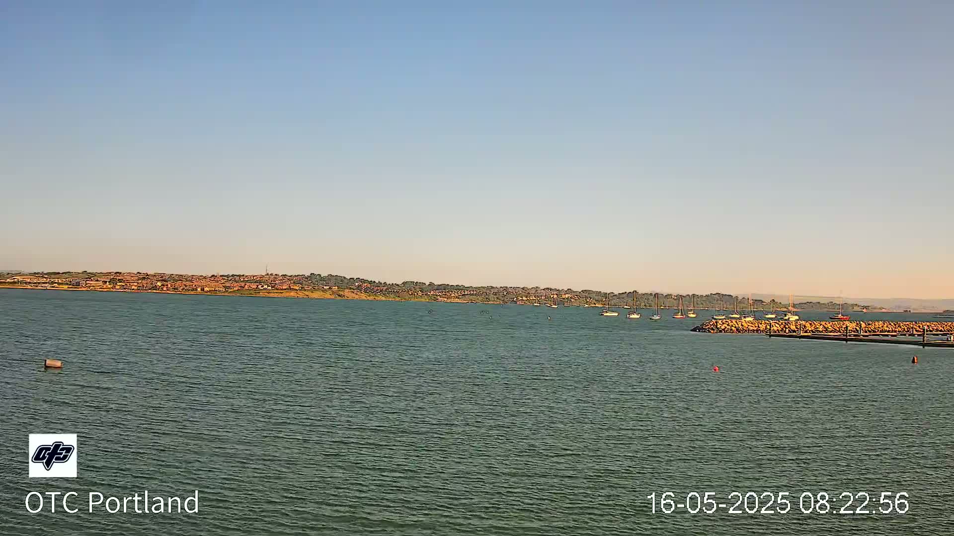 A calm body of water shows a distant shoreline with houses and several small boats moored near a rock jetty under a clear, light-blue sky.