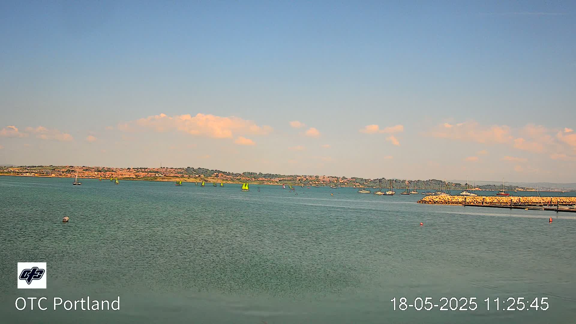 A calm body of water with several sailboats and motorboats, under a partly cloudy sky, shows a distant shoreline with buildings.