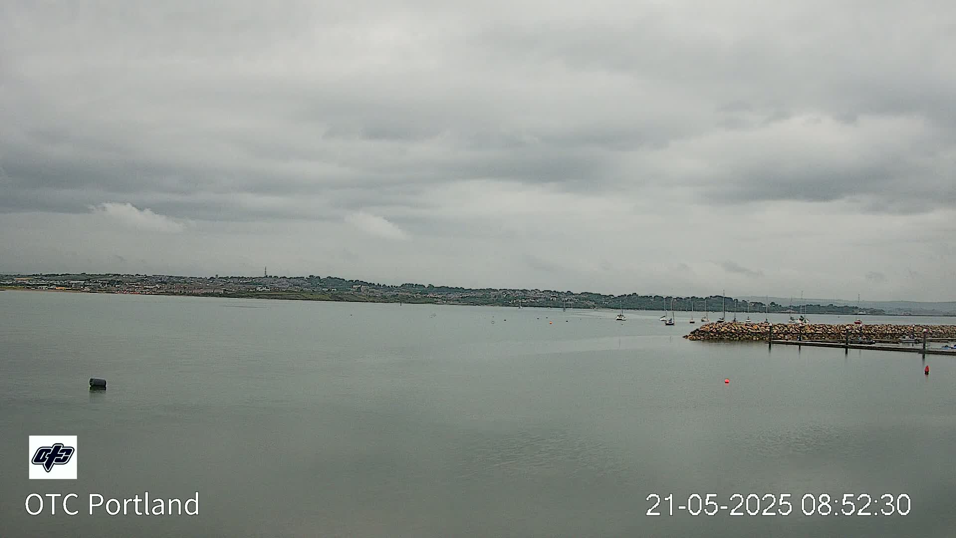 A calm body of water with a few boats is seen under an overcast sky, with a distant town visible on the horizon.