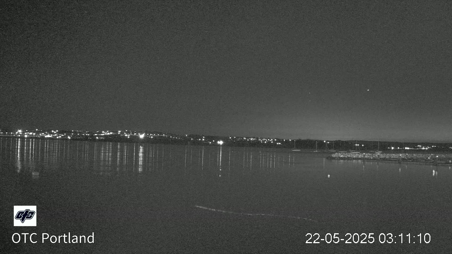 A dark nighttime scene shows calm water reflecting the lights of a distant town under a clear sky.