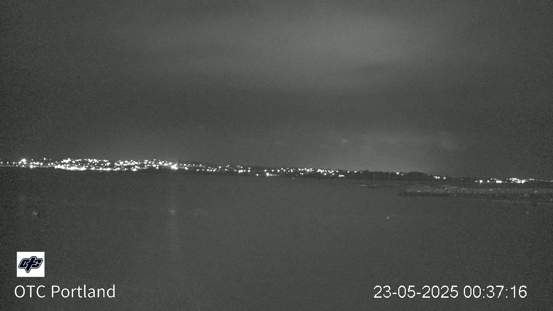 A nighttime long shot shows a city skyline across a body of dark water under a mostly cloudy sky.