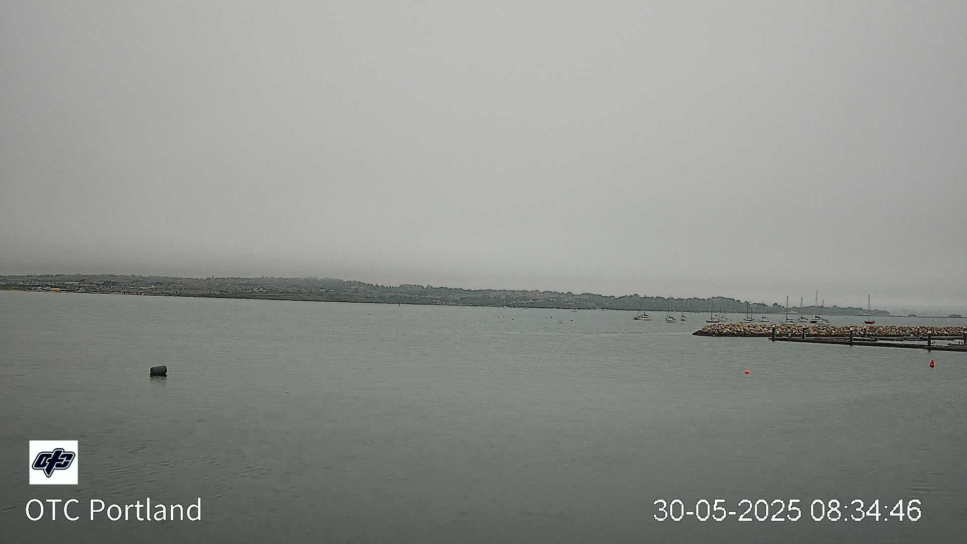 A hazy, overcast day shows a calm body of water with several boats and a low-lying landmass in the distance.