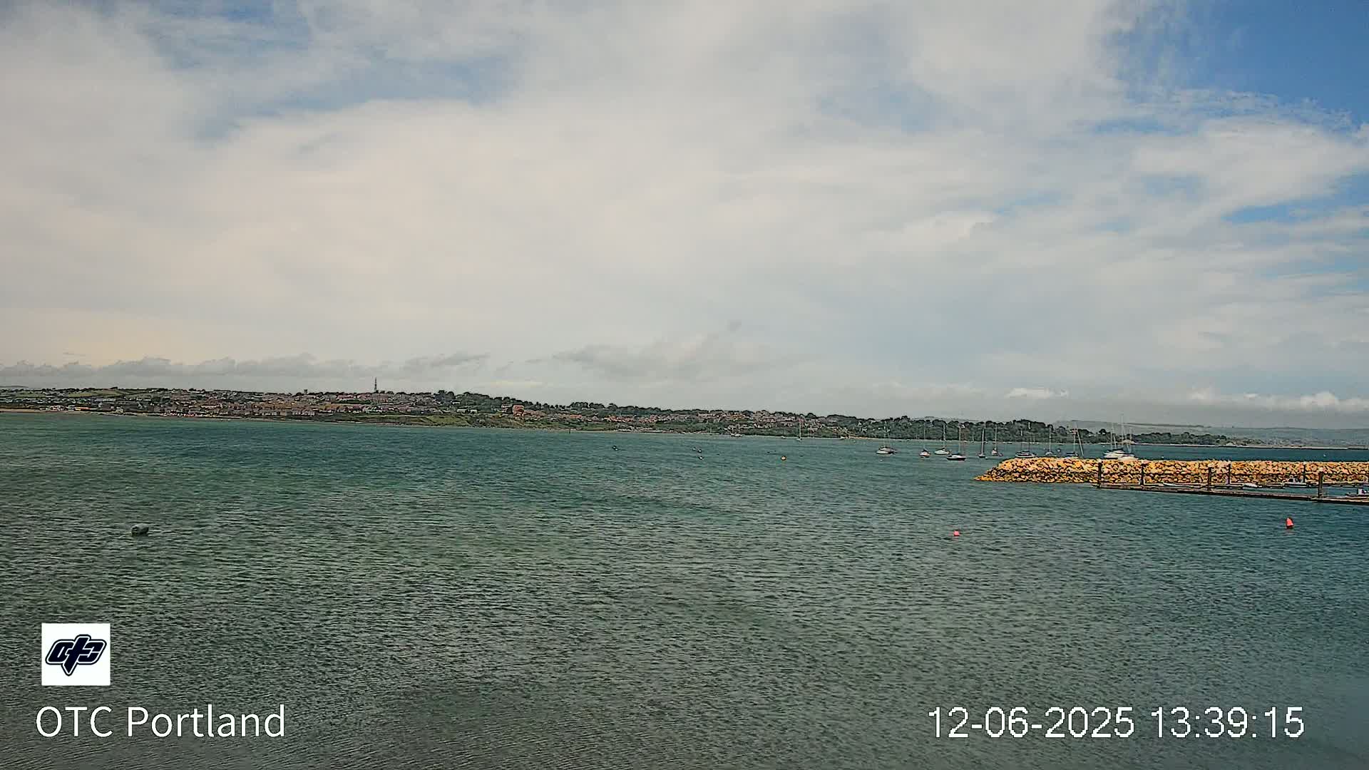 A calm body of water shows a distant town under a partly cloudy sky.