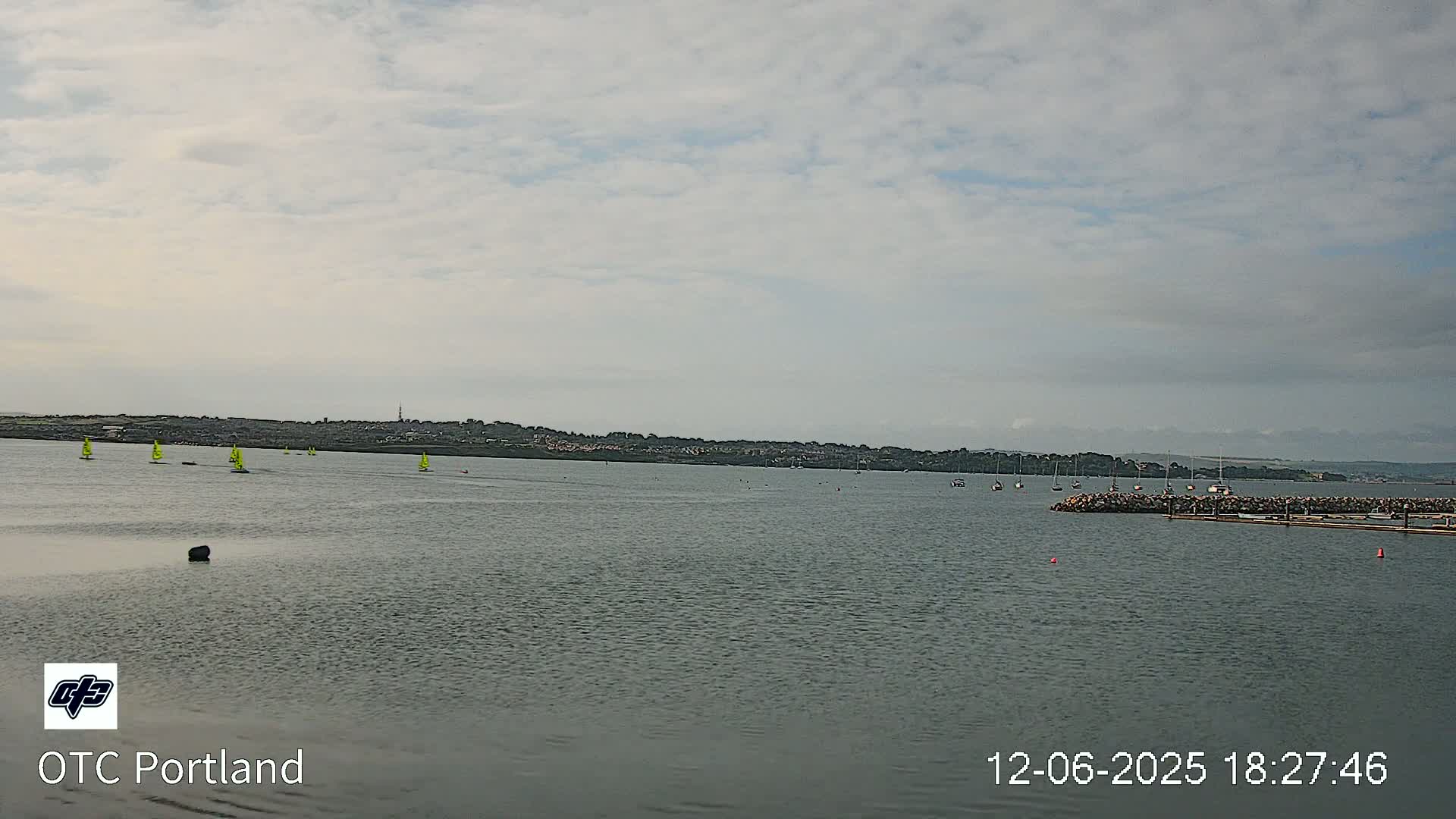 Several sailboats are on a calm body of water under a cloudy sky, with a distant shoreline visible.