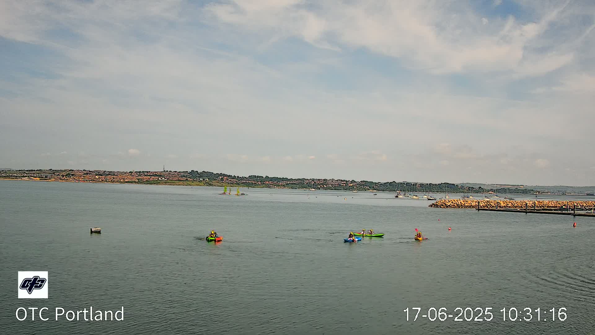 Several kayaks are on a calm body of water under a partly cloudy sky, with a distant shoreline visible.