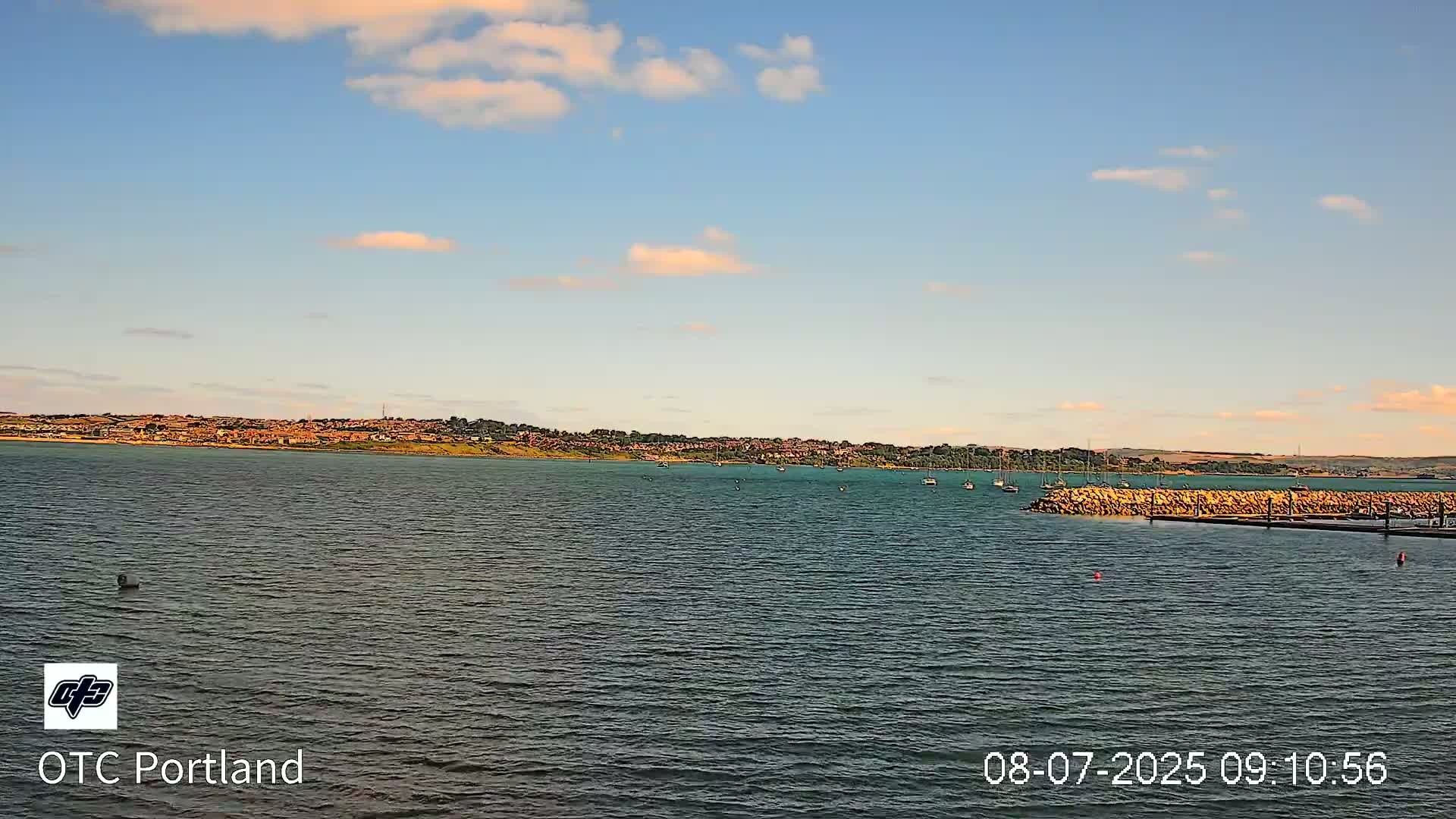 A calm body of water shows a distant shoreline with buildings and several small boats under a mostly clear sky with a few scattered clouds.