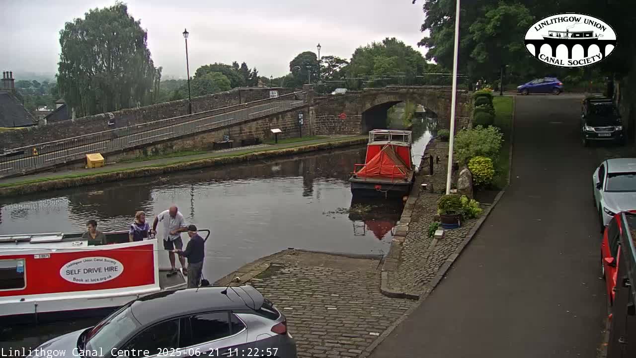 A canal scene on an overcast day shows a red narrowboat with several people near it, a stone bridge, and several cars parked along the canal bank.