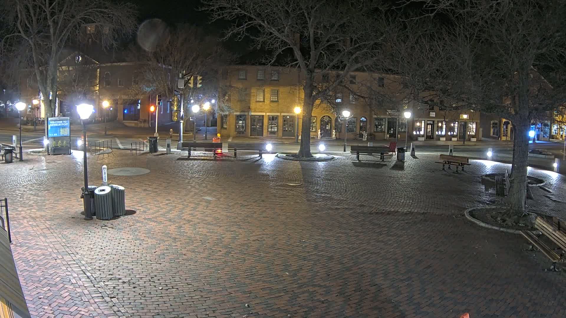 A brick plaza at night, illuminated by streetlights, is surrounded by buildings and trees with bare branches.