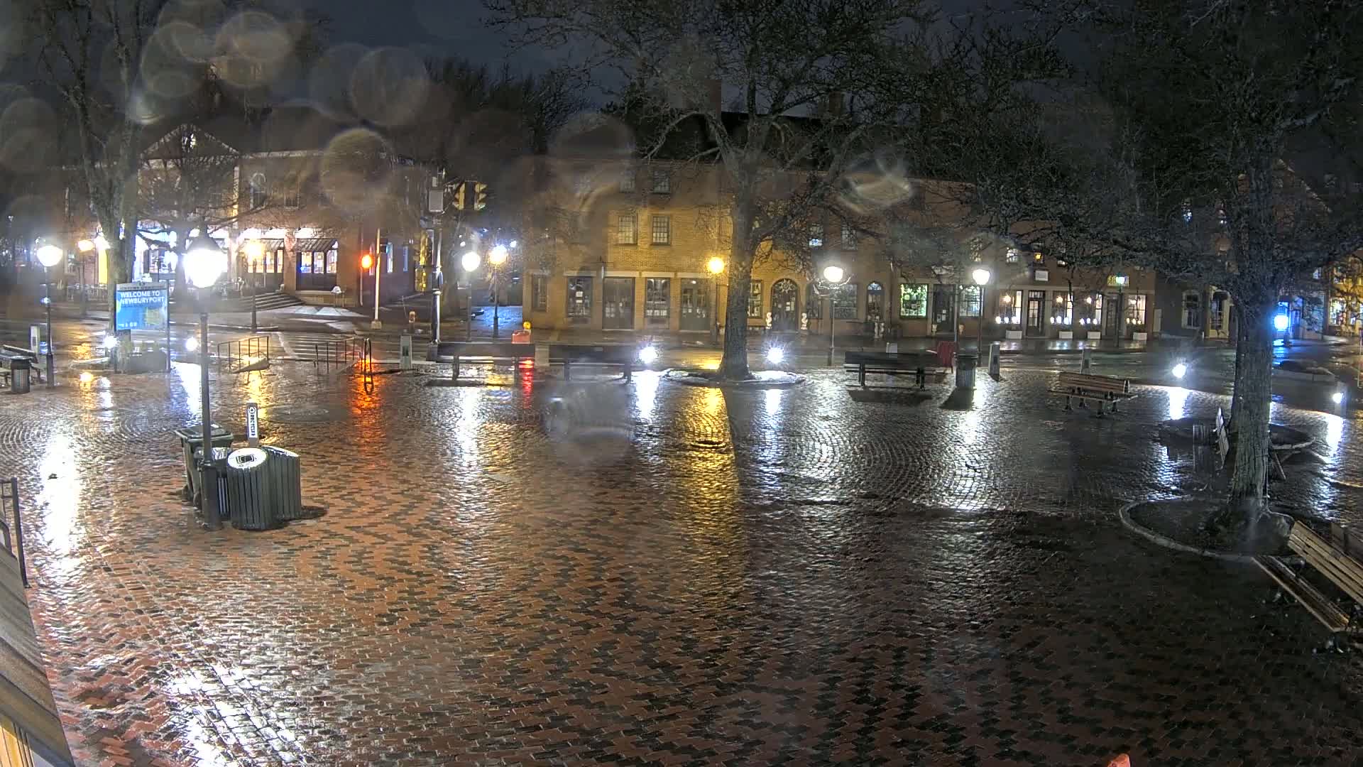 A rain-slicked brick plaza at night, illuminated by streetlights, is surrounded by buildings and trees.