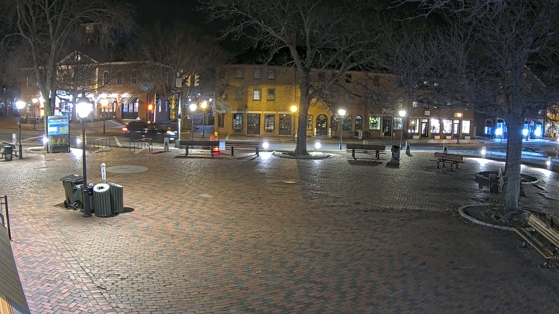 A brick plaza at night, illuminated by streetlights, is surrounded by buildings and trees with bare branches.