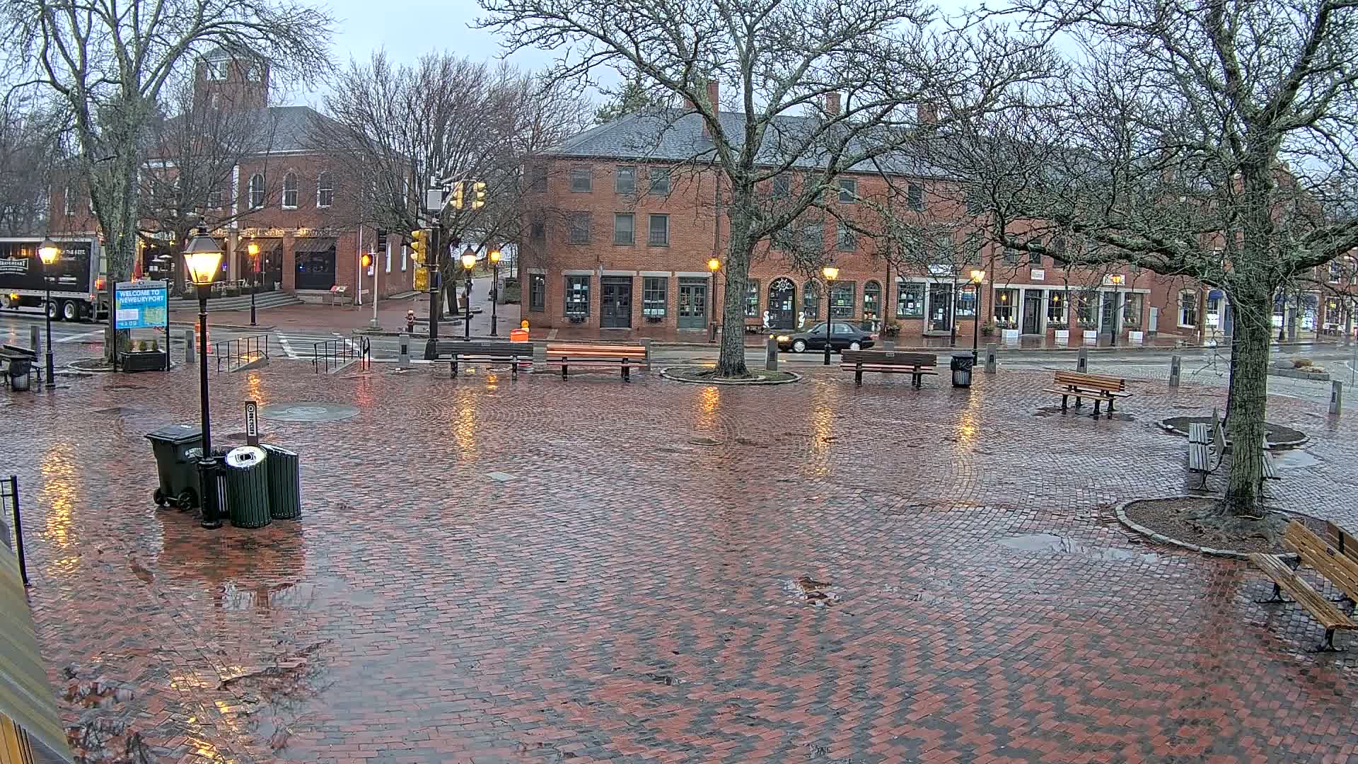 A brick town square is wet from rain, with several benches and lampposts surrounding a large tree in the center, and brick buildings lining the square.
