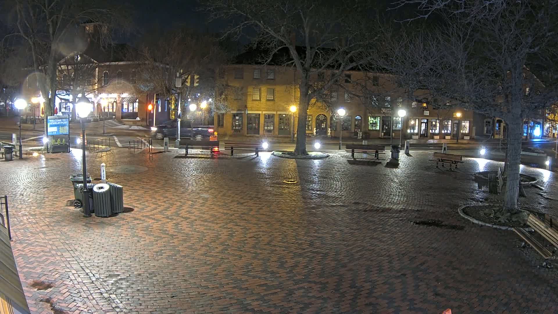 A brick plaza at night, wet from recent rain, is illuminated by streetlights and shows several benches and trees surrounding a central tree, with buildings visible in the background.