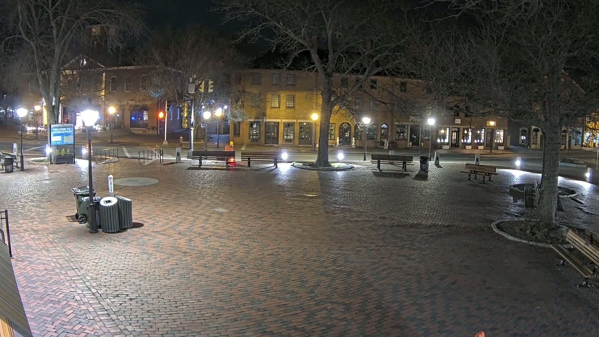 A brick plaza at night, illuminated by streetlights, is surrounded by buildings and trees with bare branches.
