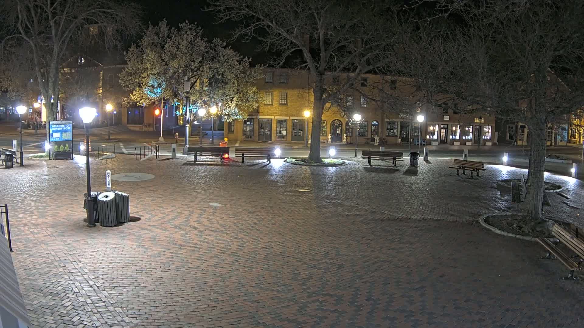 A brick plaza at night, illuminated by streetlights, is surrounded by several buildings and trees with bare branches.