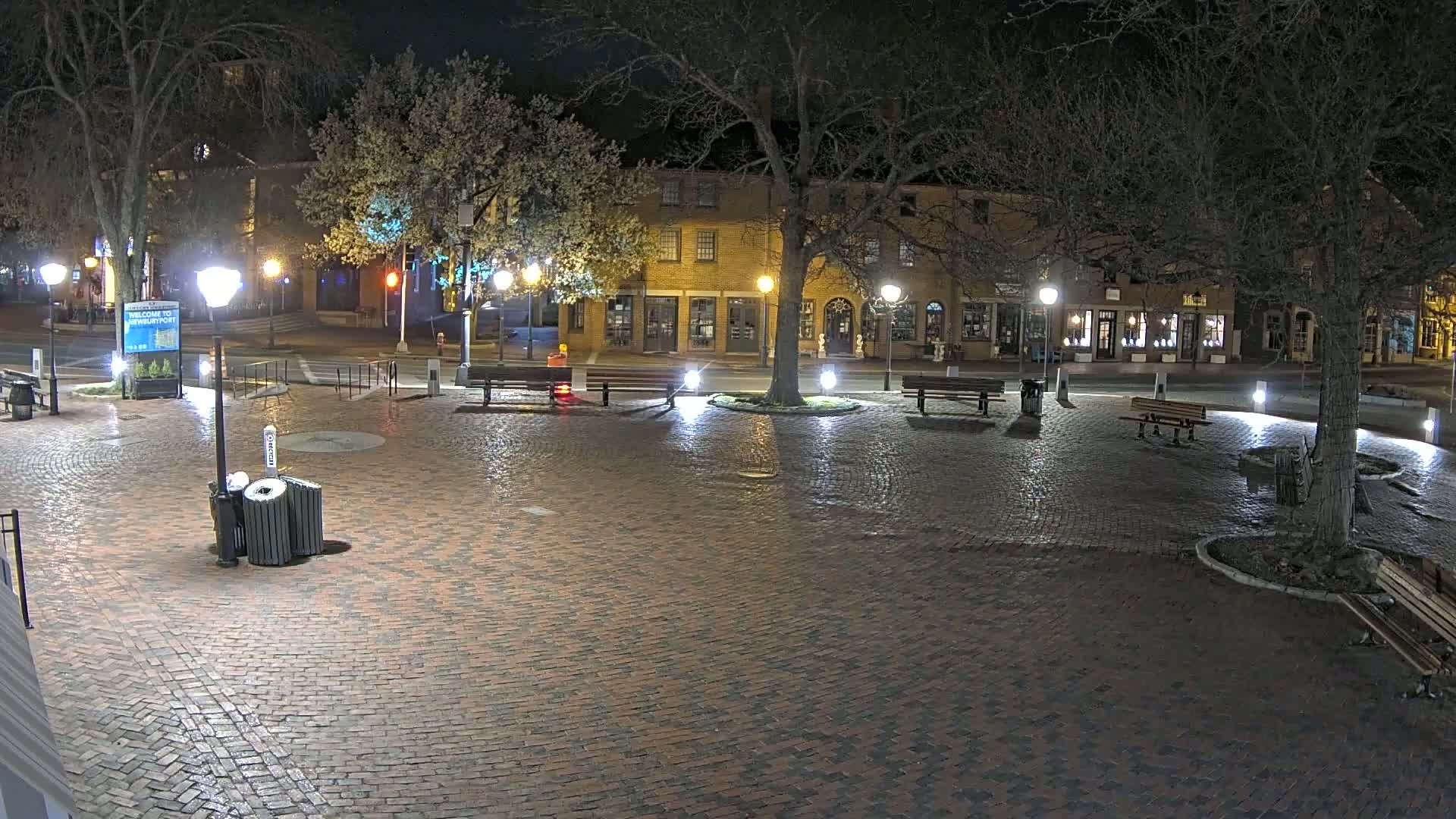 A brick plaza at night, illuminated by lampposts, is surrounded by buildings and trees under a dark sky.