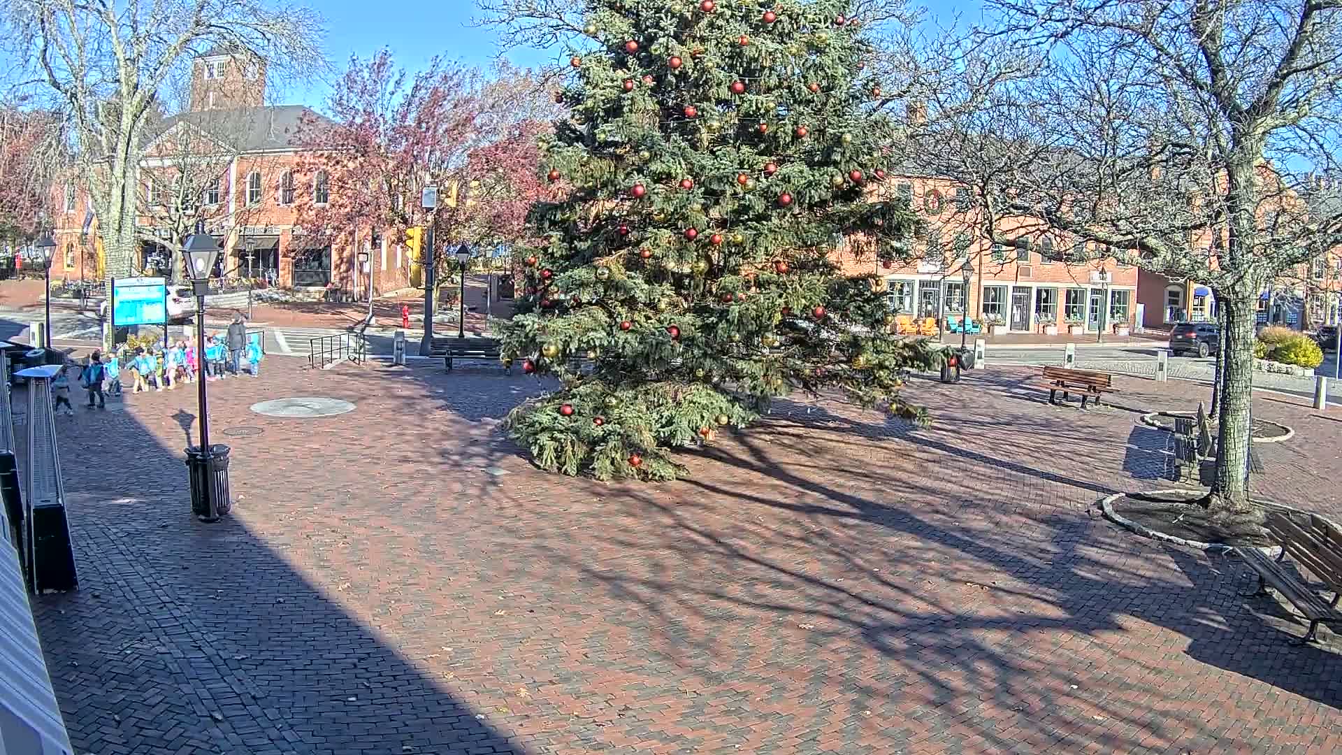 A festive town square is seen at night under clear skies, featuring a large, decorated Christmas tree, a tree wrapped in white lights, and a green hydraulic lift parked on brick pavement scattered with leaves.