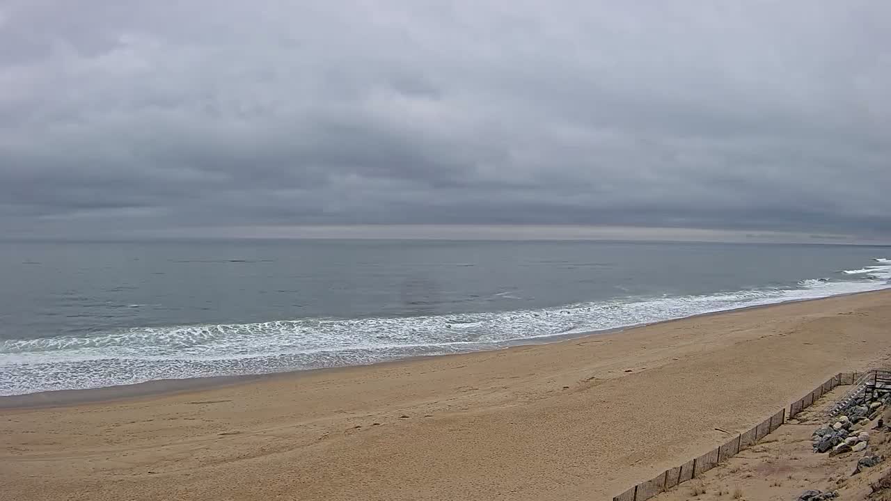 A long, sandy beach stretches out under a cloudy, overcast sky, with gentle waves lapping the shore.