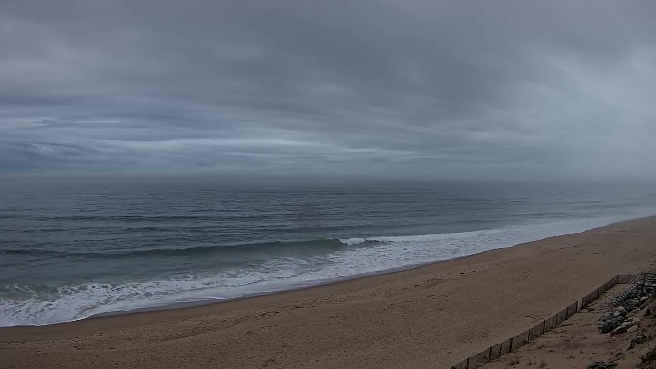 A sandy beach slopes down to a grey, overcast ocean with small waves.