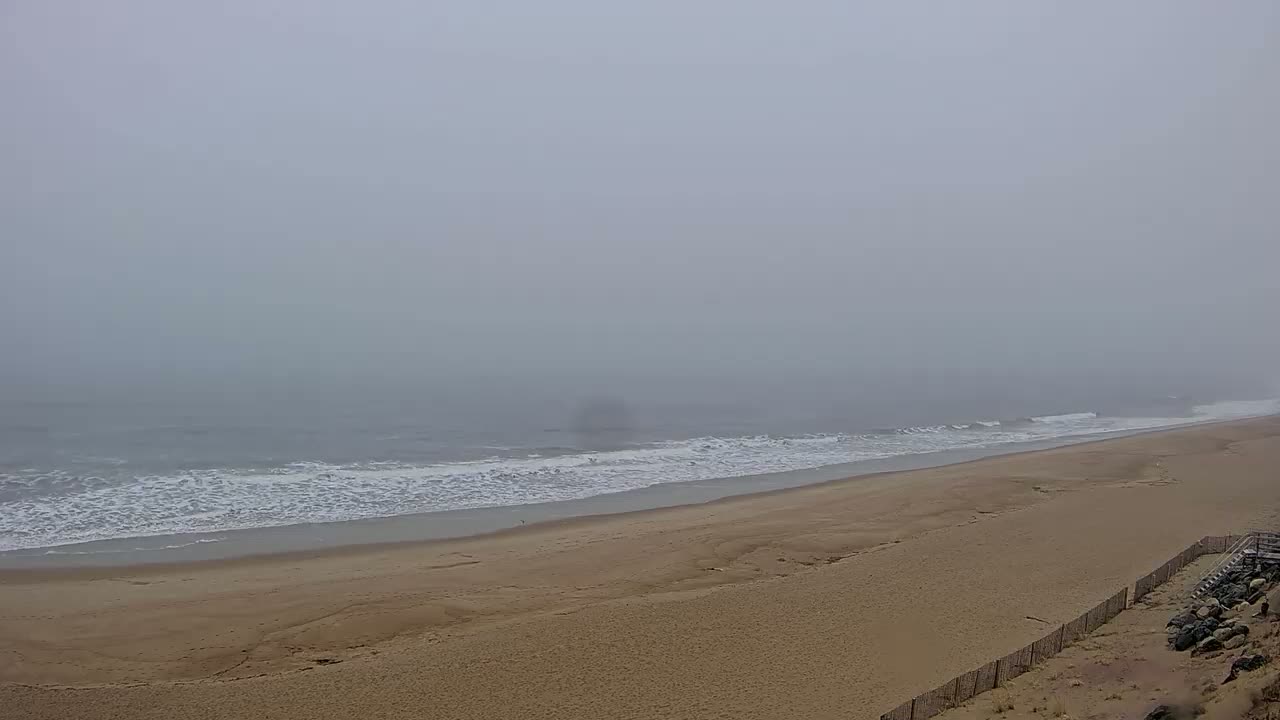 A foggy beach scene shows a wide expanse of sandy beach meeting a grey ocean with small waves.
