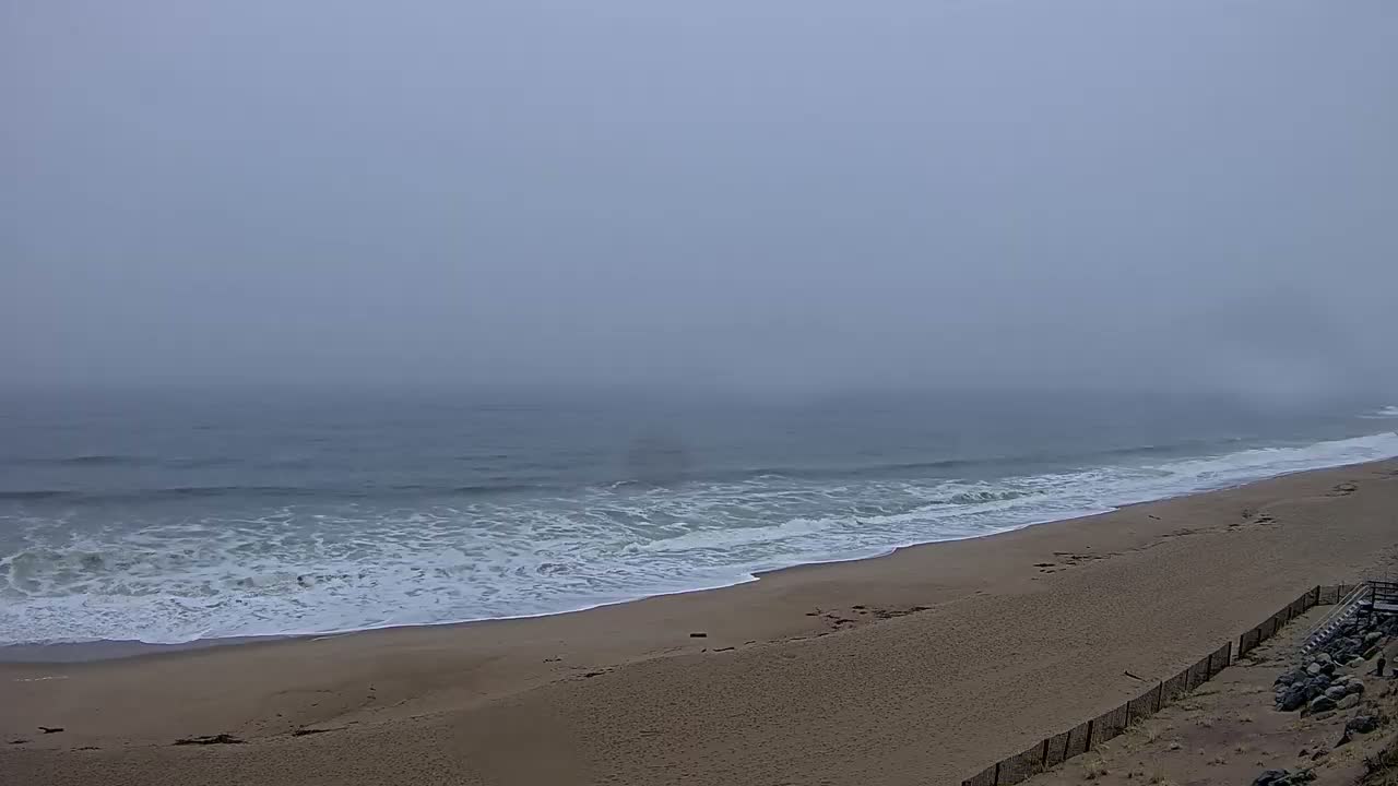 A foggy beach scene shows waves rolling onto a sandy shore.