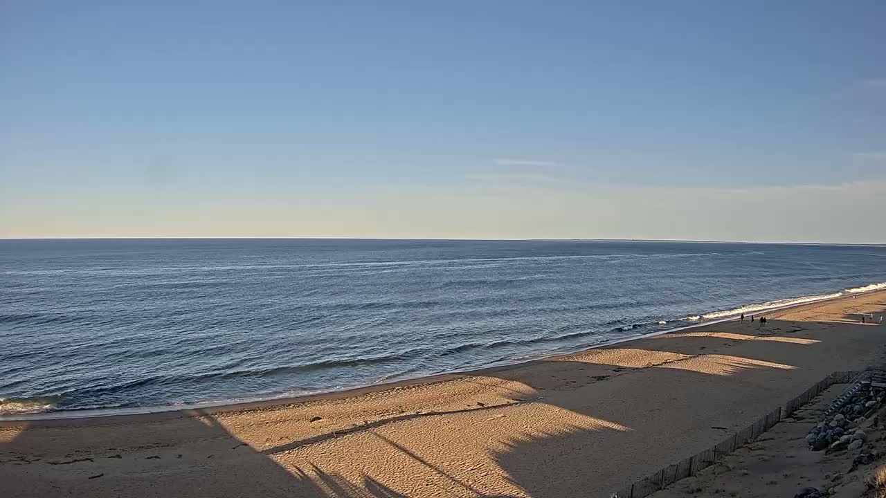 A sandy beach slopes down to a calm, blue ocean under a clear, bright sky.