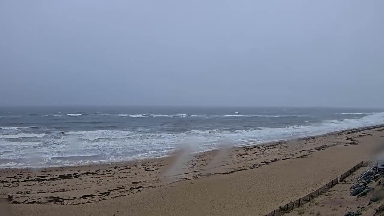 A sandy beach with dark seaweed lines meets a choppy ocean under an overcast sky.