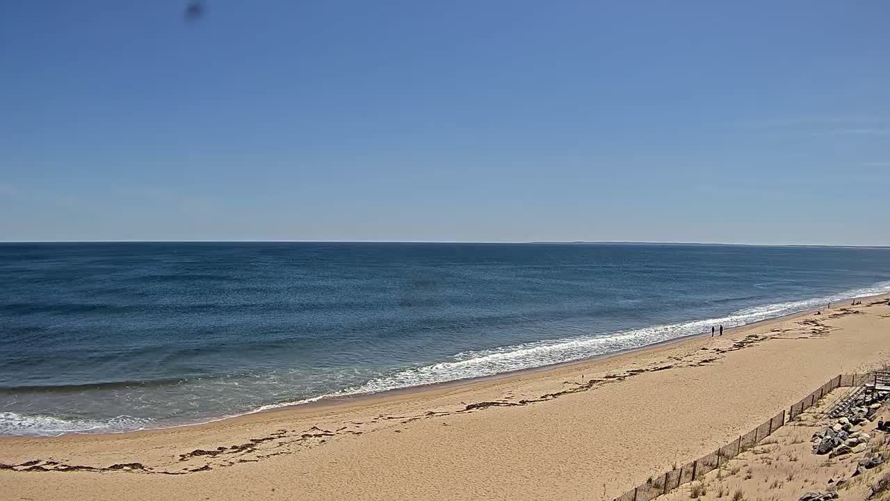 A long sandy beach slopes gently down to a calm, blue ocean under a clear blue sky.