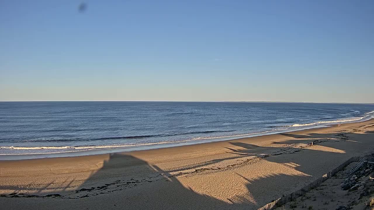 A sandy beach slopes gently down to a calm ocean under a clear blue sky.