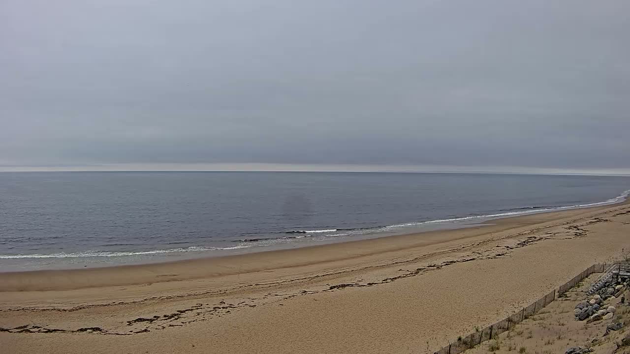 A long, sandy beach stretches to a calm, gray ocean under an overcast sky.