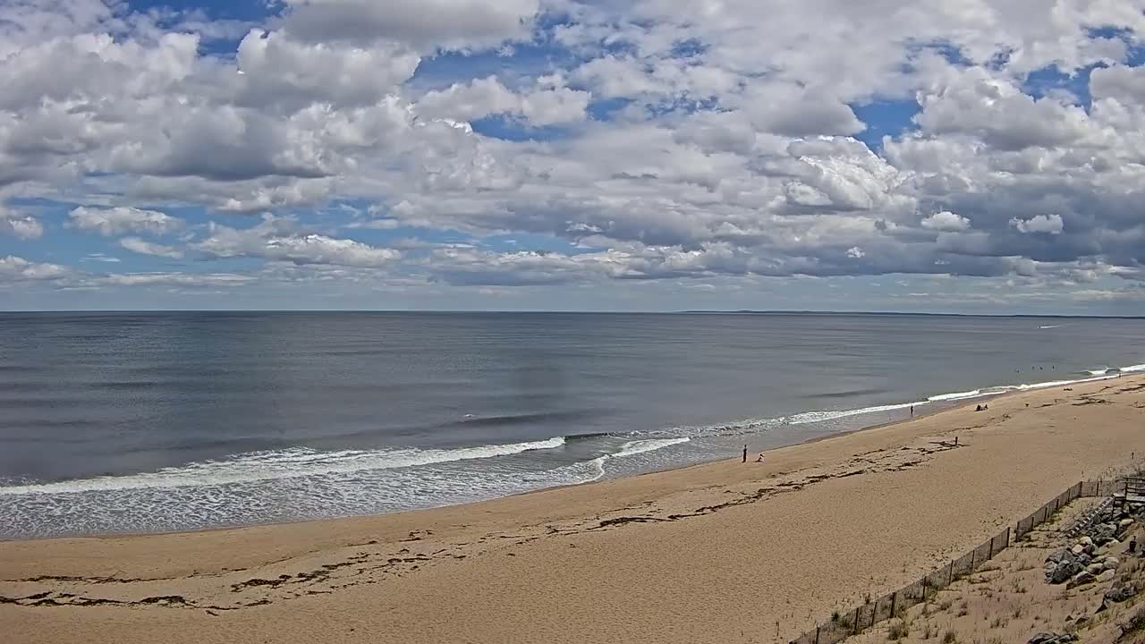 A sandy beach with a few people on it slopes down to a calm ocean under a partly cloudy sky.