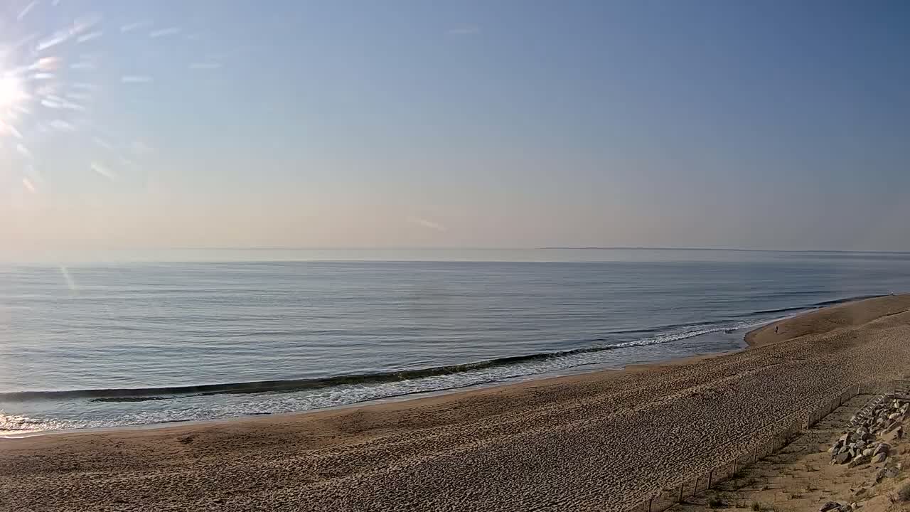 A sandy beach meets a calm ocean under a bright, sunny sky.