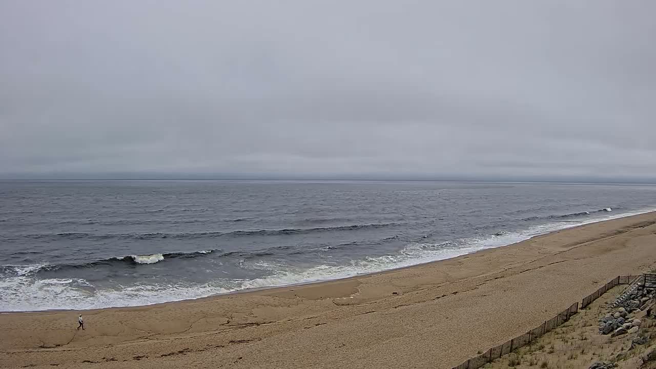 A person walks along a sandy beach under a cloudy sky as small waves break on the shore.