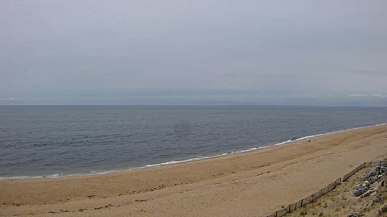 A wide sandy beach slopes down to a calm, dark-blue ocean under an overcast sky.