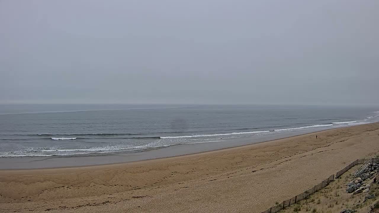 A long, sandy beach slopes gently down to a calm, gray ocean under an overcast sky.