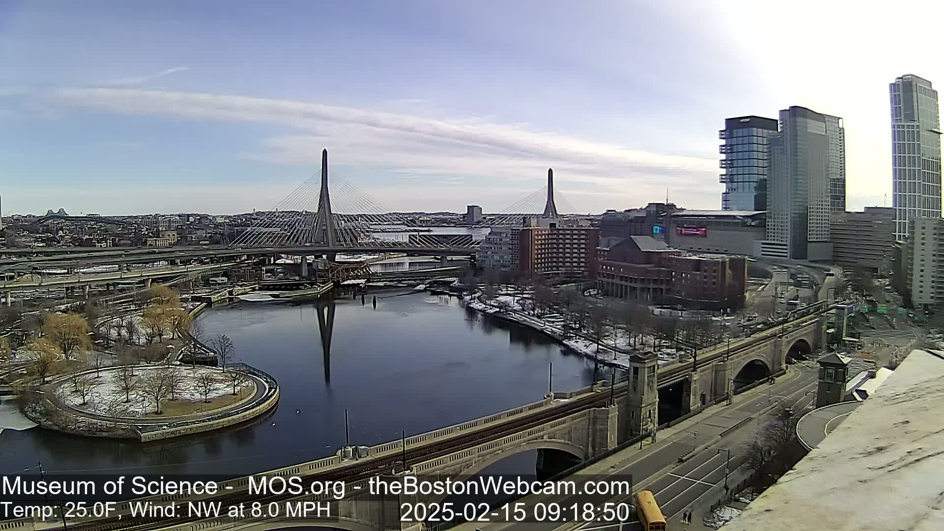 A partly sunny winter day shows a cityscape with two cable-stayed bridges spanning a river, with some snow on the ground and a northwest wind.