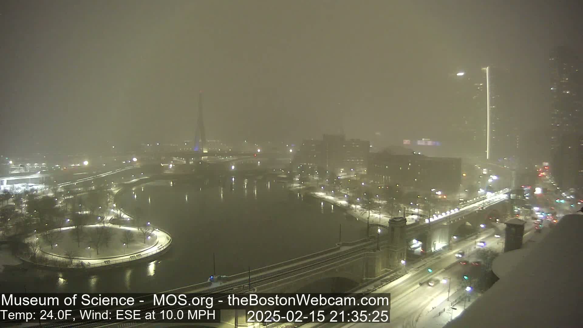 A nighttime snowstorm blankets a city waterfront, showing a bridge, a body of water, and snow-covered parkland with city lights visible in the distance.