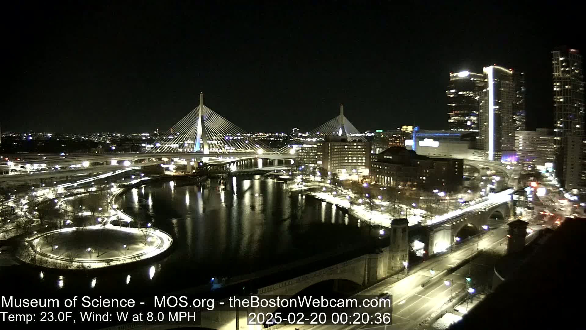 A nighttime cityscape featuring two illuminated cable-stayed bridges spanning a river, with city lights, buildings, and roads visible under a clear sky.