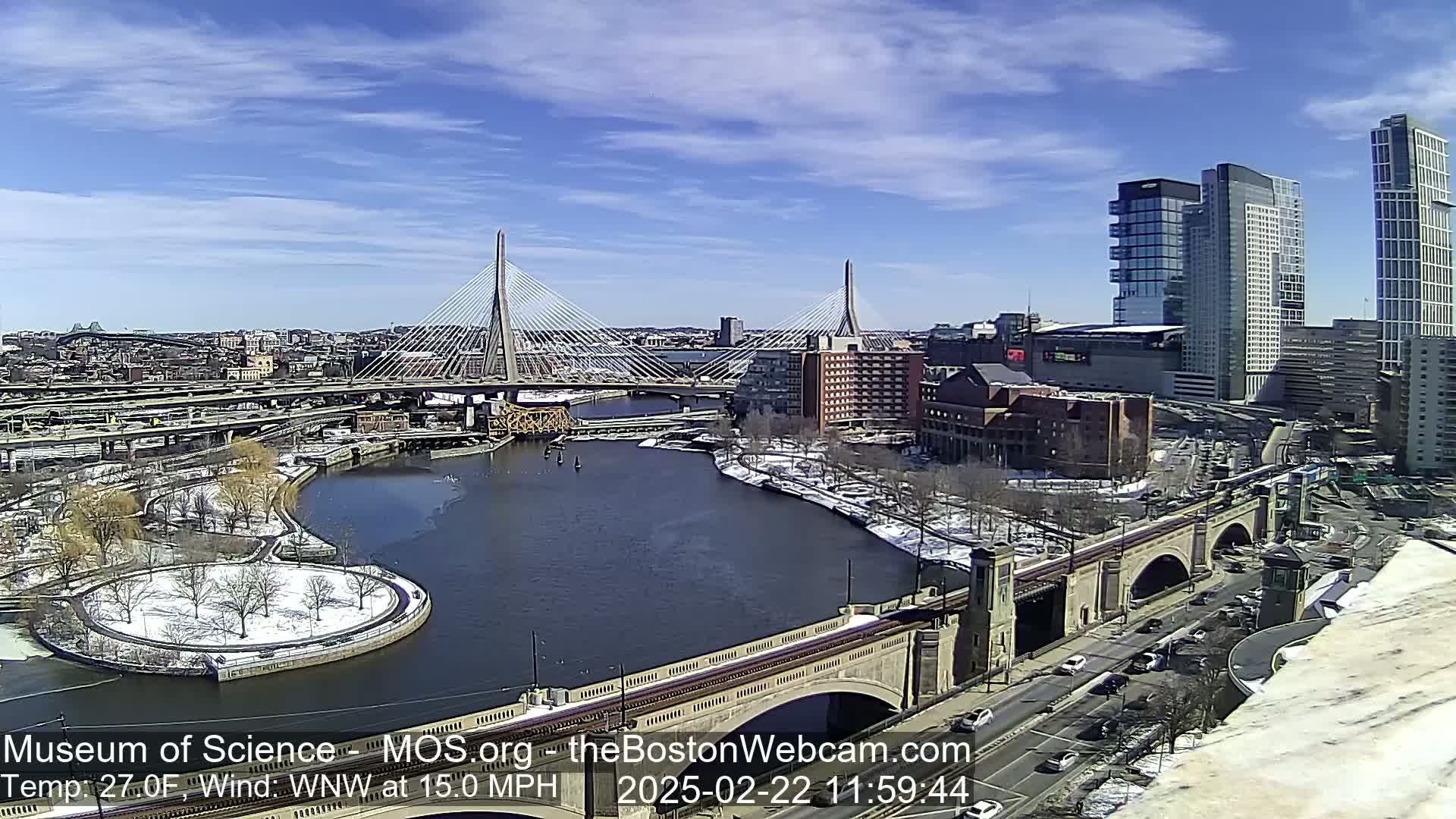A sunny day with a 27°F temperature and 15 mph wind shows a city scene with two cable-stayed bridges crossing a river, alongside other bridges and buildings, some of which are covered in snow.
