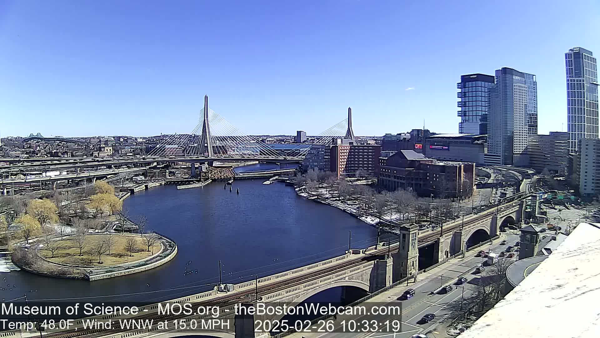 Under a clear blue sky, a cityscape with two cable-stayed bridges spans a river, with a park on its bank and modern high-rise buildings in the background.