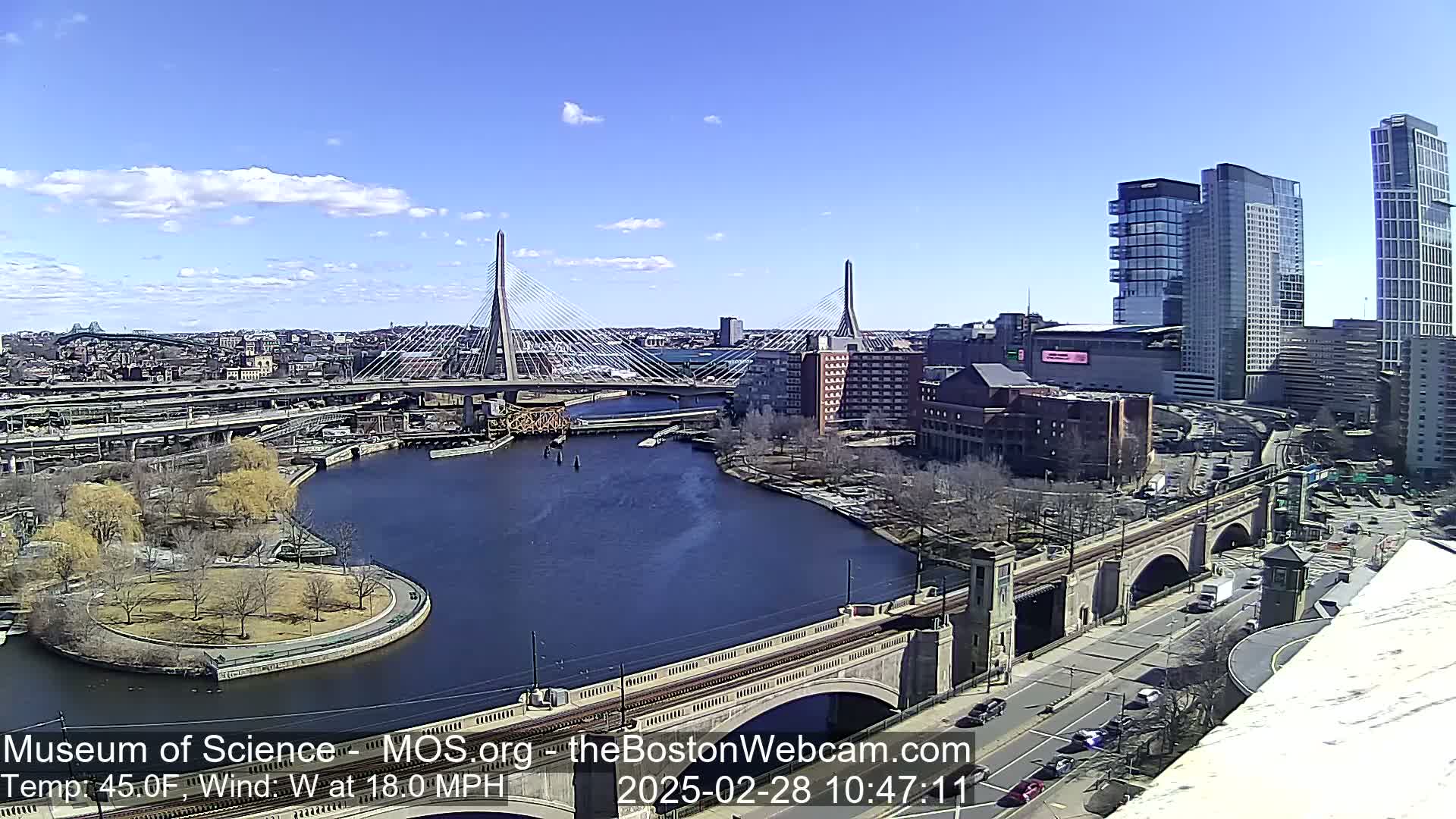 A sunny day with a 45°F temperature and 18 mph westerly wind shows a cityscape with two cable-stayed bridges spanning a river, alongside other bridges and tall buildings.