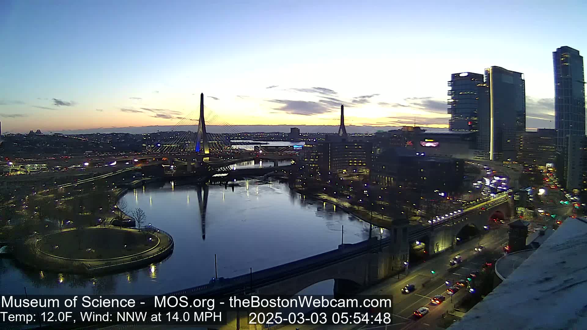 A city skyline at sunset, with two cable-stayed bridges crossing a river, under a clear twilight sky with a 12°F temperature and a 14 mph northwest wind.