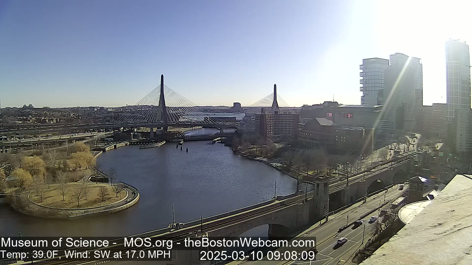 A sunny cityscape features two cable-stayed bridges spanning a river, with a park and modern buildings visible on the banks under a clear sky.