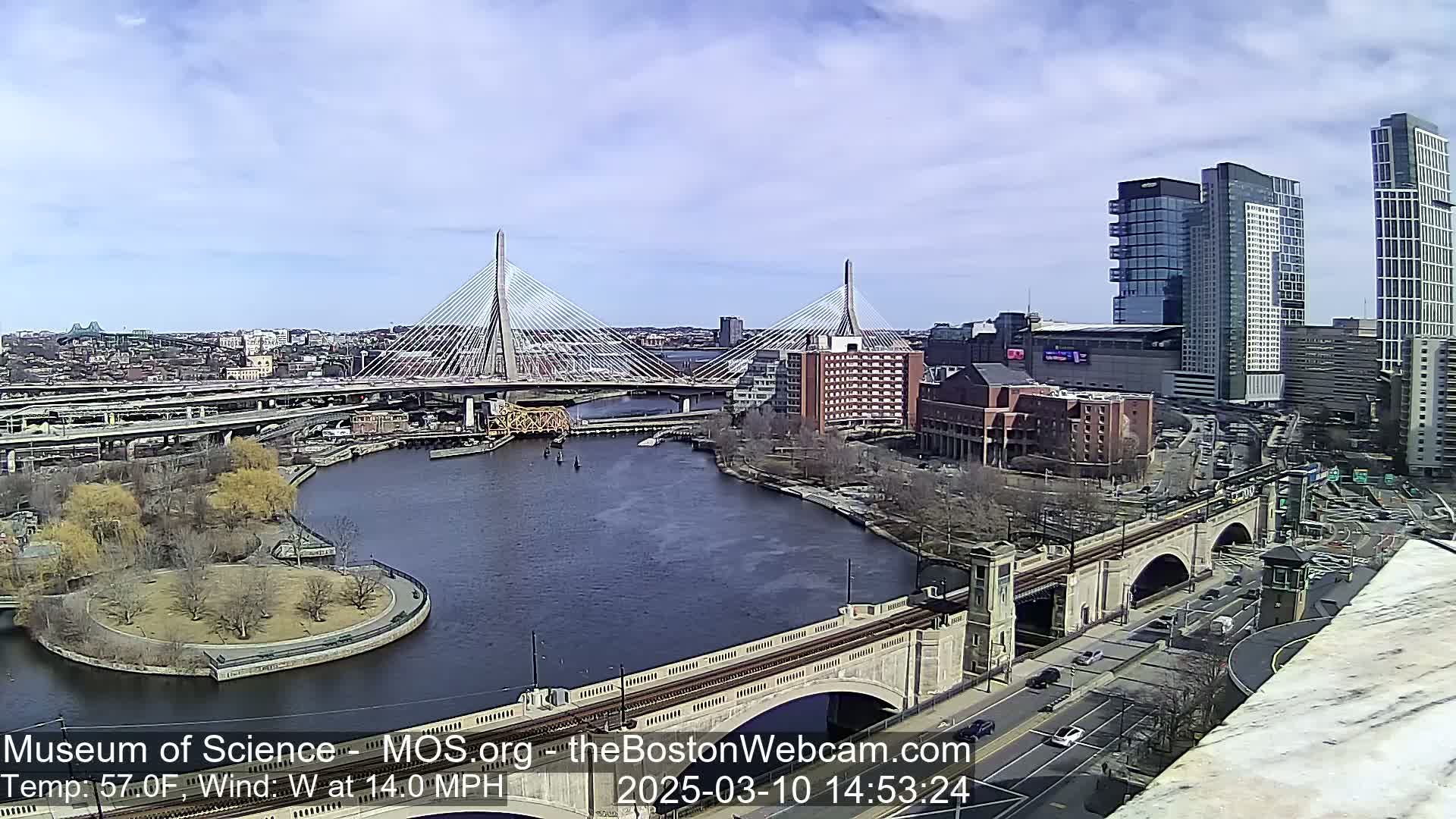 A sunny cityscape shows two cable-stayed bridges spanning a river, with modern and older buildings, and a park on an island in the river.
